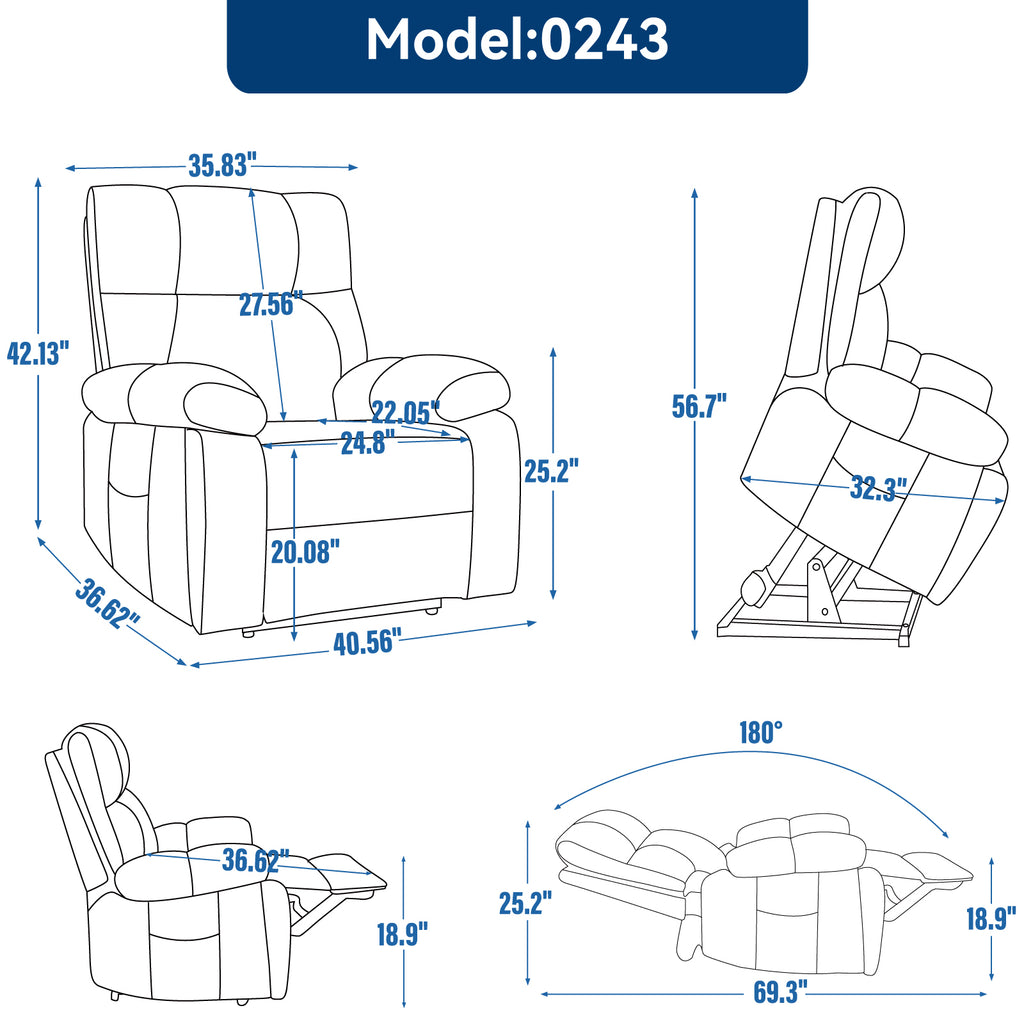 Grey Heat Massage Dual Motor Infinite Position Up to 350 LBS Large Electric Power Lift Recliners with Hidden Cup Holders, Power-Remote, Medium-firm and Heavy Duty - Grand Goldman Shop