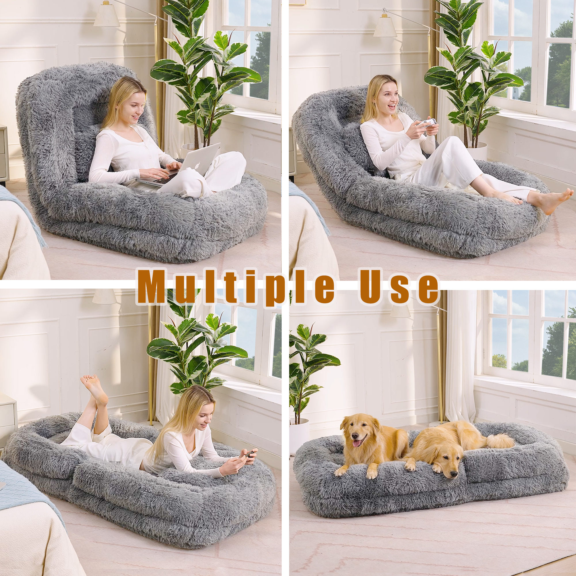 [NEW ARRIVED] [VIDEO PROVIDED] Human Dog Bed,Lazy Sofa,5-Position Adjustable Convertible,Floor Gaming Chair,bedroom, living room,Suitable for gaming, meditation,relaxation,Plush Fabric,Light Gray - Grand Goldman Shop