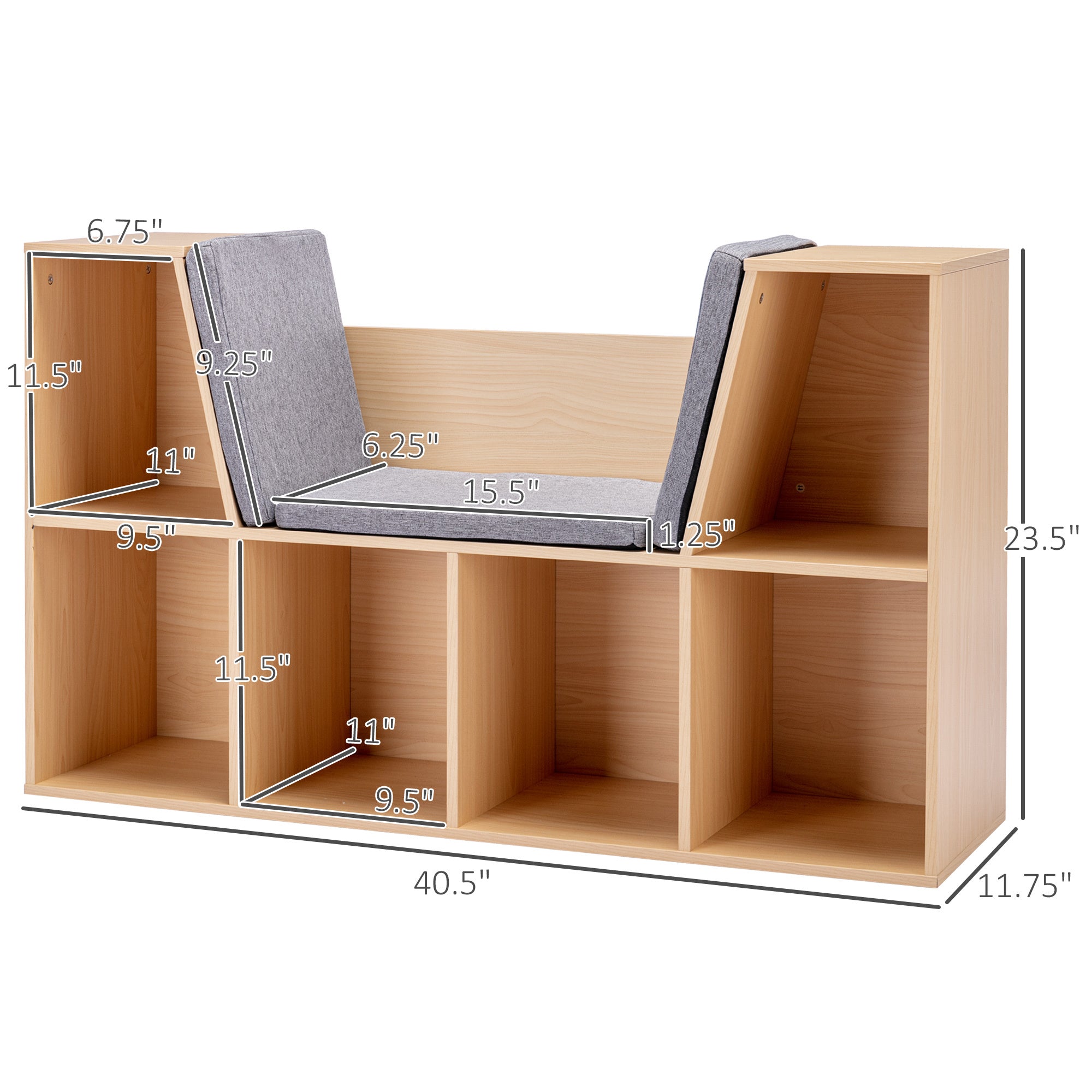 6-Cubby Kids Bookcase with Reading Nook and Cushion, Multi-Purpose Storage Organizer for Bedroom, Living Room, Natural | Prem