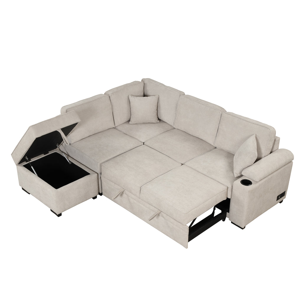 2 in 1 Sleeper Sofa Bed with Storage Ottoman, Beige Linen Upholstery, 84.75' L Shape Couch for Small Spaces - Grand Goldman Shop