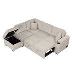 2 in 1 Sleeper Sofa Bed with Storage Ottoman, Beige Linen Upholstery, 84.75' L Shape Couch for Small Spaces - Grand Goldman Shop