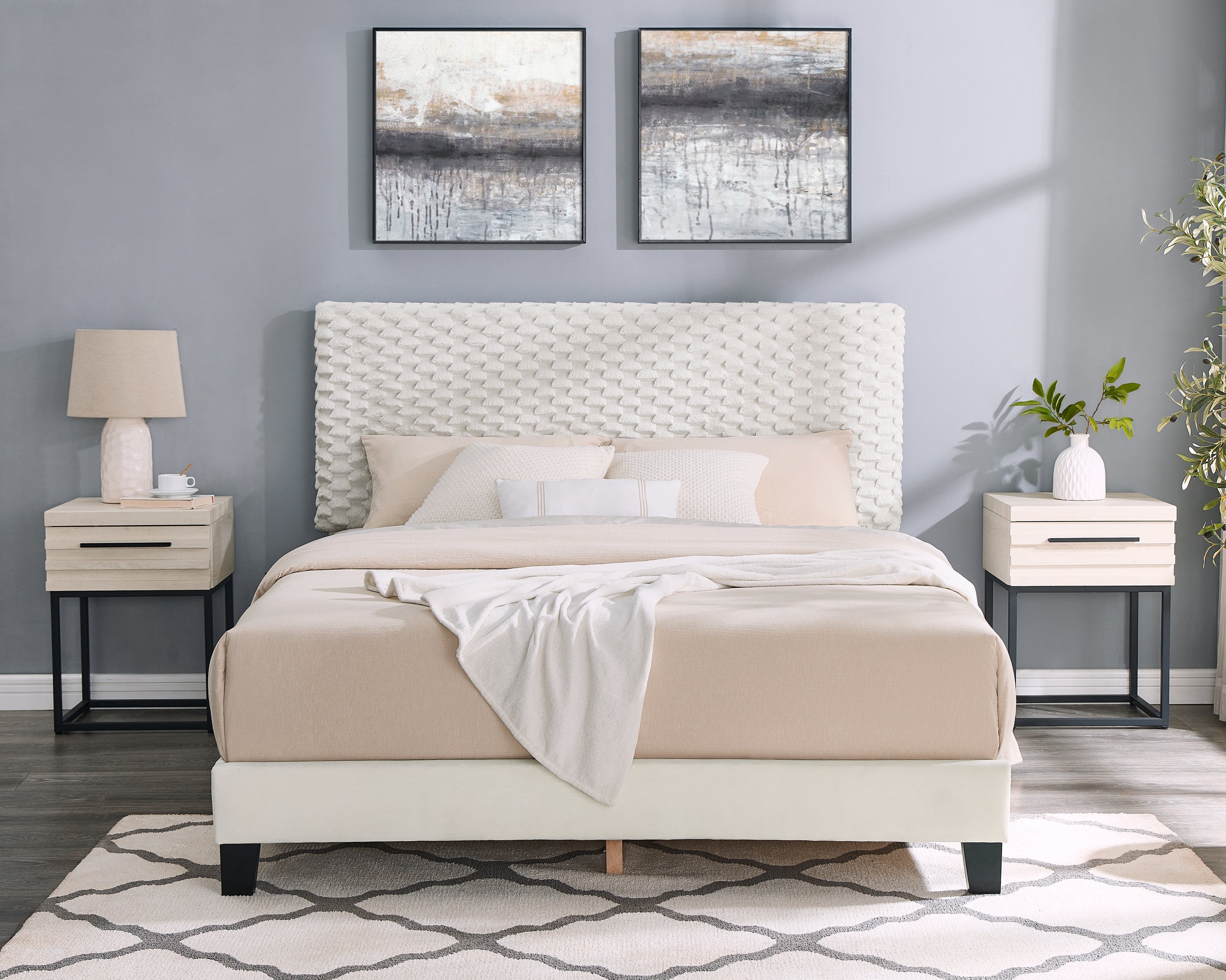 Findlay 3-Piece Bedroom Set, Plush 3D Upholstered Bed with Two Nightstands, Queen - Grand Goldman Shop