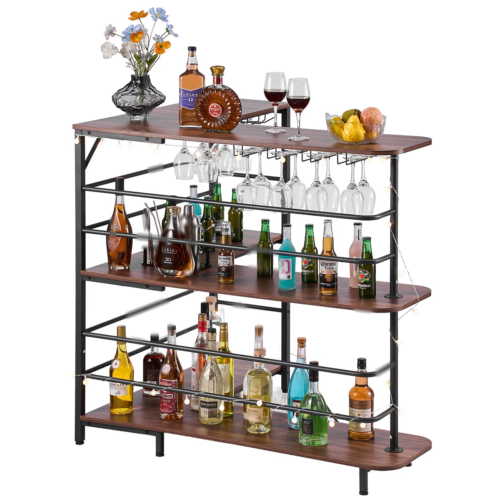 Home Bar Unit, L-Shaped Wine Bar Cabinet Table 3-Tier with Storage Shelves, Adjustable Foot Pads, LED Light, Walnut Finish & Metal Frame Liquor Cabinet for Home, Kitchen,Living Room,Pub,Basement - Grand Goldman Shop