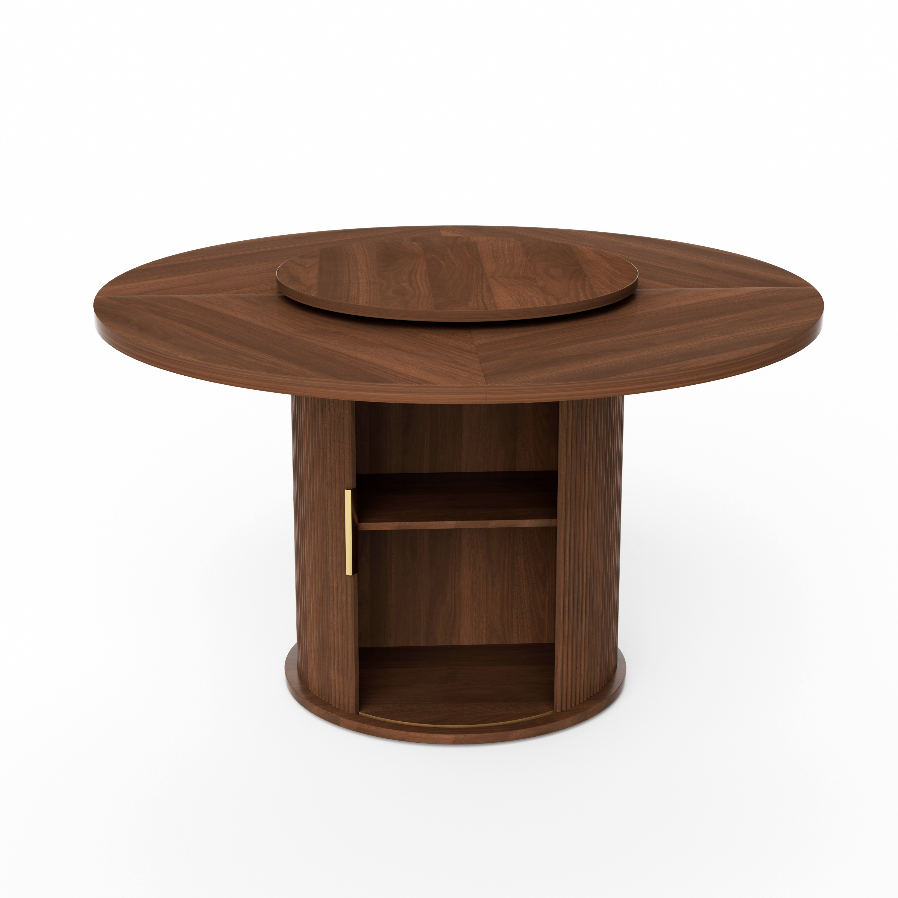 55-inch round dining table for six, featuring a double-tiered storage rack and a rotating tabletop tray. Wooden wavy-striped sliding doors. Ideal for home dining room living room (Walnut). - Grand Goldman Shop