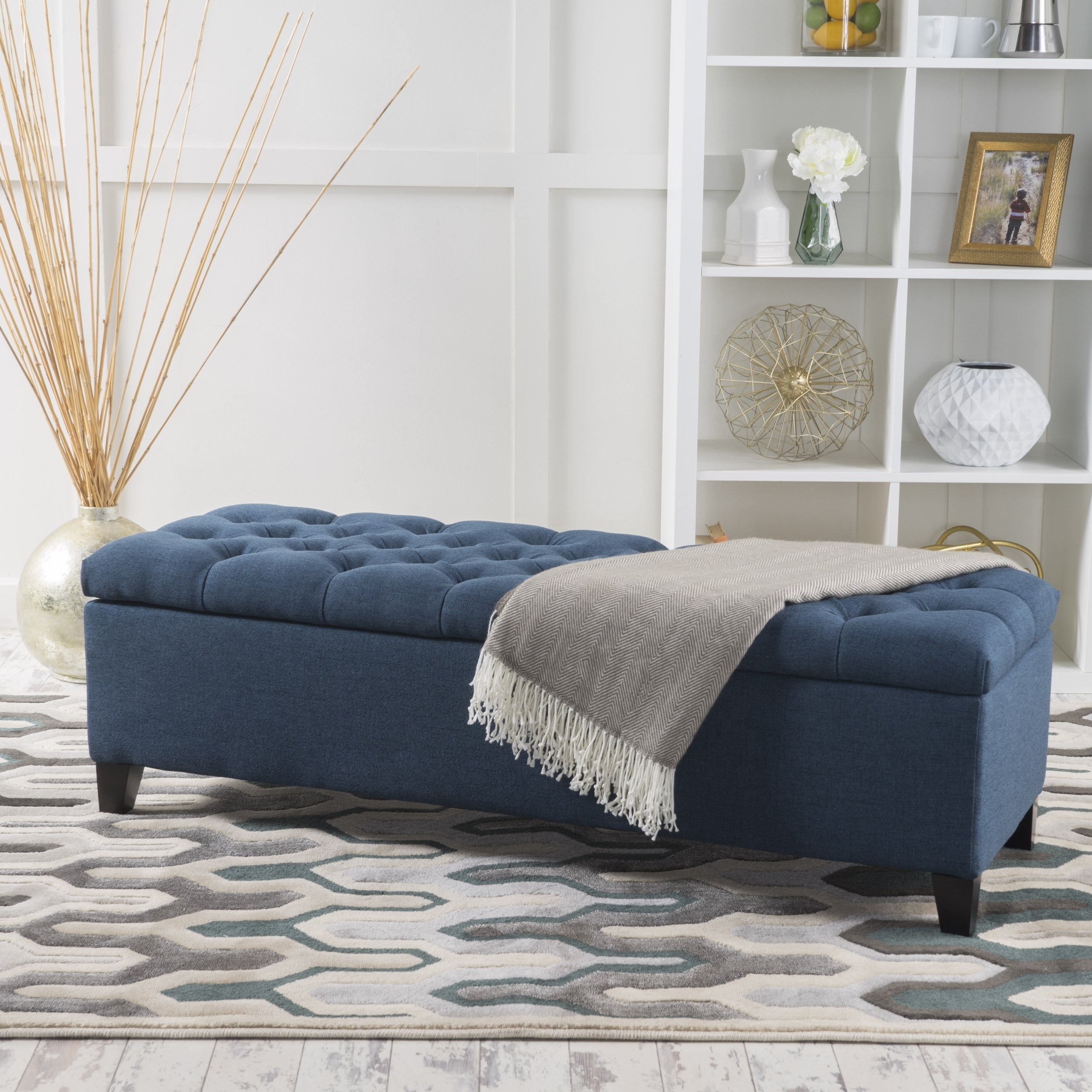 GLOUSTER Contemporary Storage Ottoman V2 with Button Tufted Design in Navy Blue Fabric, 51 Inch - Grand Goldman Shop
