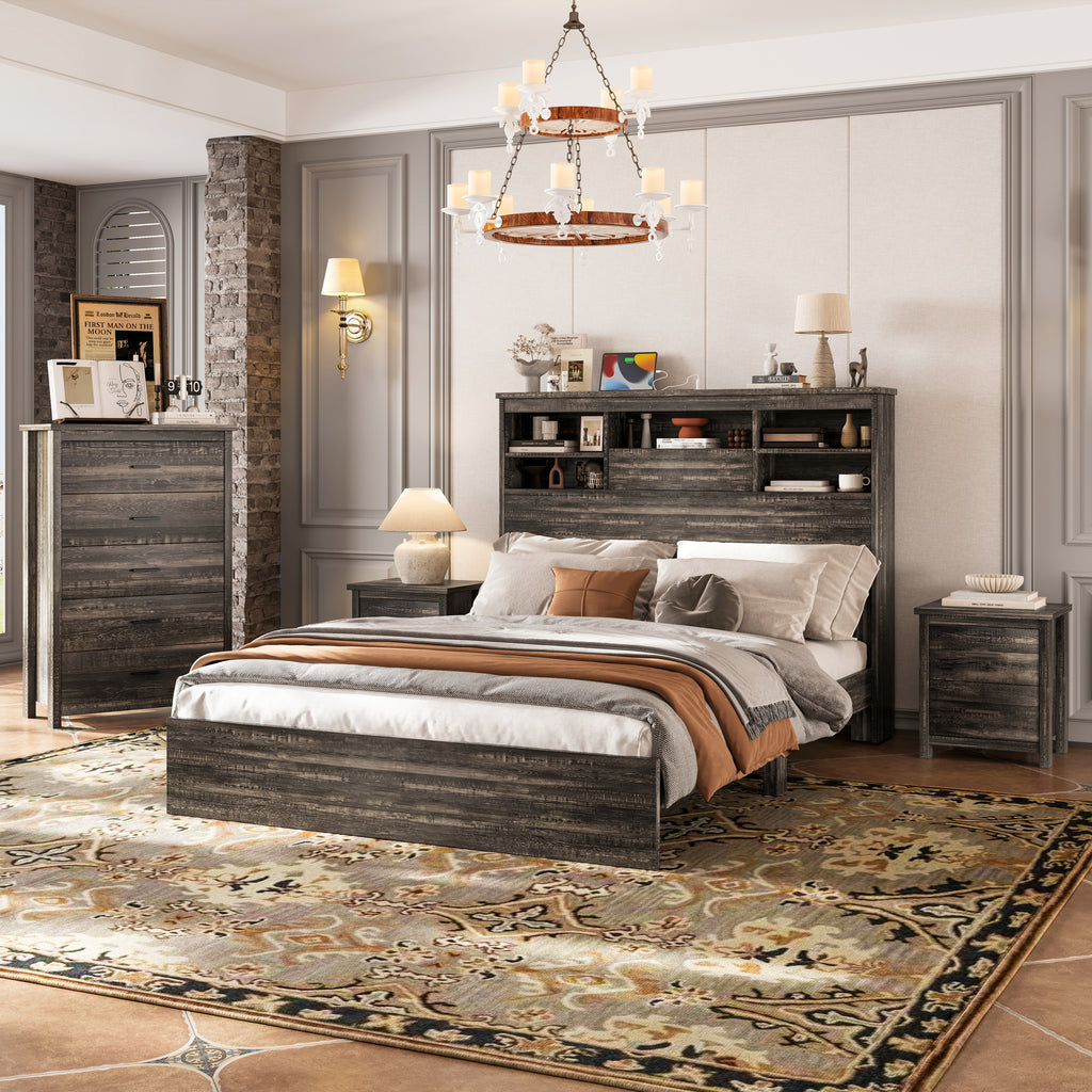 4PCS Bedroom Sets, Wooden Queen Size Bed Frame with Storage Headboard and Charging Station, 2 Nightstands with 2 Drawers, 1 Dresser with 5 Drawers, Antique Gray - Grand Goldman Shop