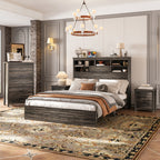 4PCS Bedroom Sets, Wooden Queen Size Bed Frame with Storage Headboard and Charging Station, 2 Nightstands with 2 Drawers, 1 Dresser with 5 Drawers, Antique Gray - Grand Goldman Shop