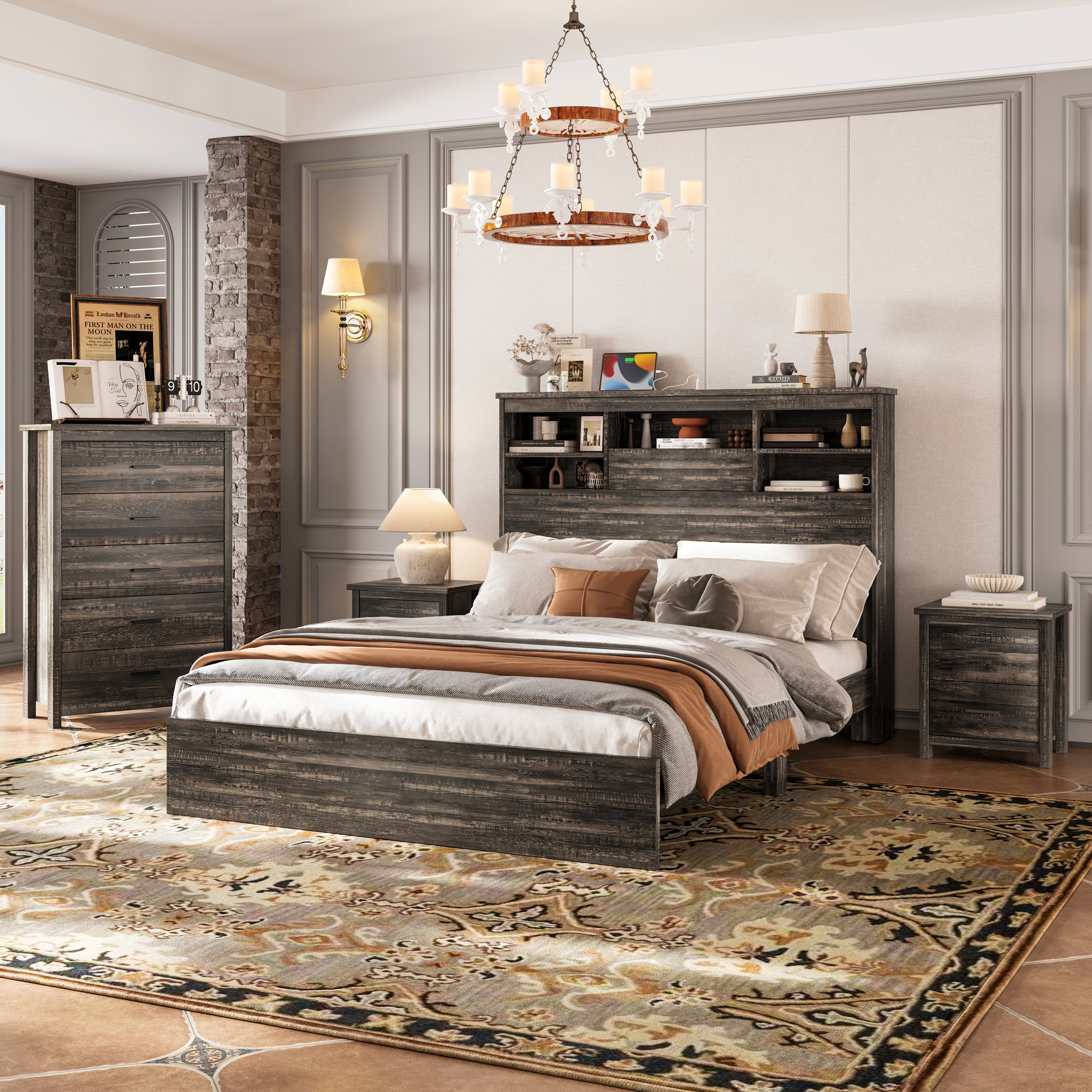 4PCS Bedroom Sets, Wooden Queen Size Bed Frame with Storage Headboard and Charging Station, 2 Nightstands with 2 Drawers, 1 Dresser with 5 Drawers, Antique Gray - Grand Goldman Shop