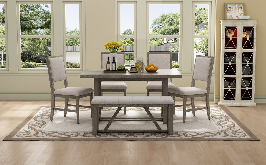 TREXM 6-Piece Retro Dining Table Set for 6, 60' Wood Kitchen Table and Chairs Set of 4 with Bench Designed Trestle Base for kitchen & Dining Room (Gray) - Grand Goldman Shop
