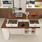 Kitchen Island with Extendable & Rotating Table, MDF with Walnut Veneer Retro Design, 4 Drawers & Glass Door Cabinets with Built-in Socket, Expandable Dining Station for 2-4 Person - Grand Goldman Shop