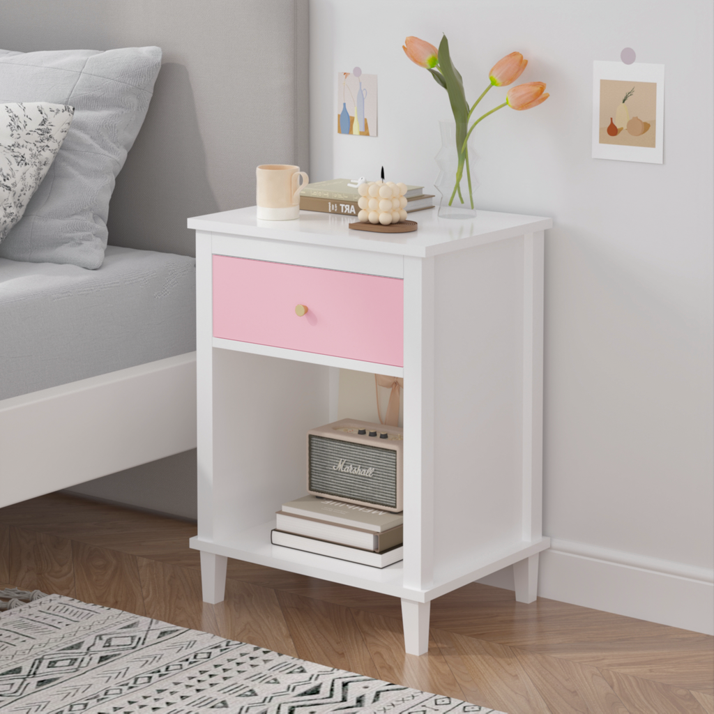 Pink+Golden Handle Wooden Nightstand 26.77''H with One Drawer One Shelf for Kids and Adults - Grand Goldman Shop