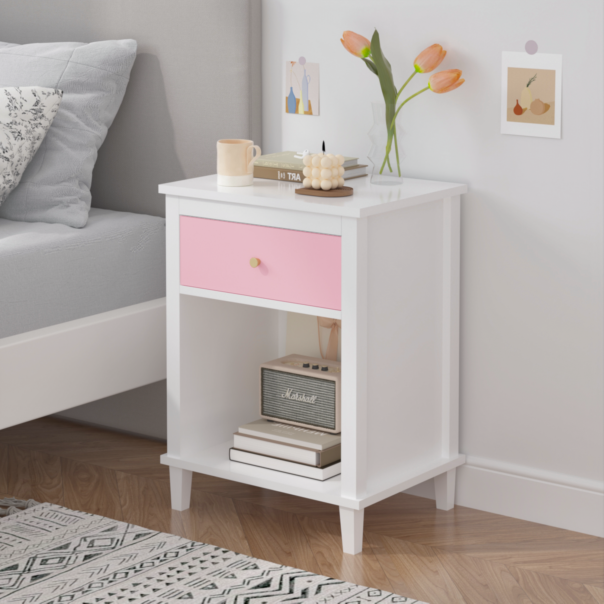 Pink+Golden Handle Wooden Nightstand 26.77''H with One Drawer One Shelf for Kids and Adults - Grand Goldman Shop