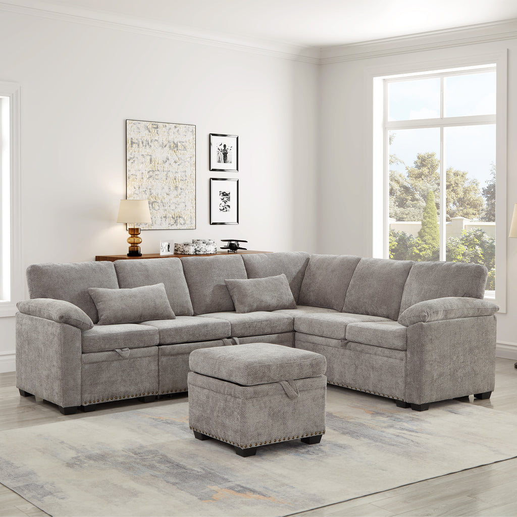 97 Inch L-Shaped Corner Sectional Sofa Couch with Storage Ottoman,Chenille Fabric Couch with 7 Seats & 2 Pillows for Living Room, Modern, Small Space, Easy Assembly,Grey - Grand Goldman Shop