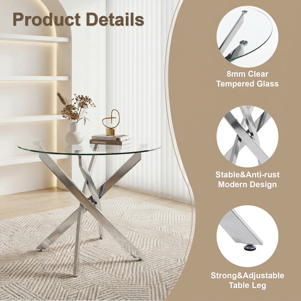 Round Dining Table, 35.5' Glass Dining Table with Silver Legs, Modern Kitchen Table for Home Kitchen, Dining Room - Grand Goldman Shop