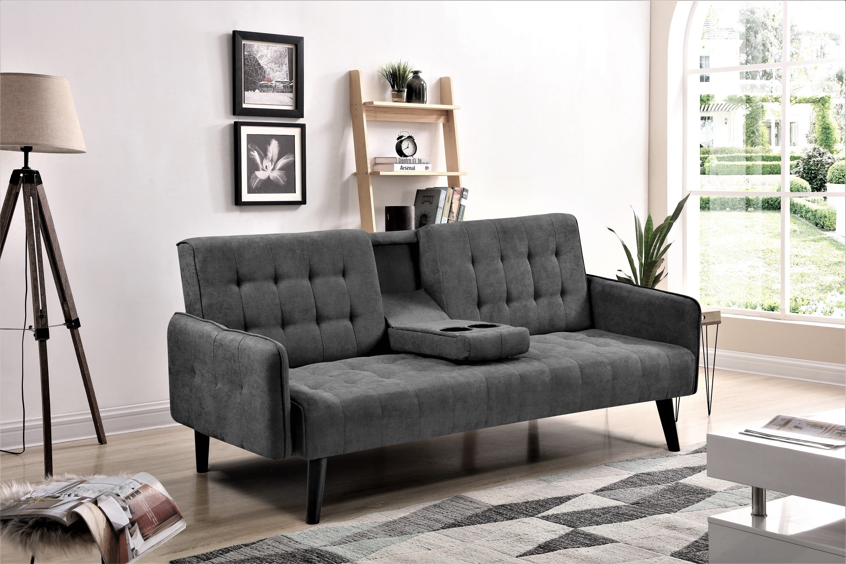 72' Sleeper Sofa Bed - Convertible Folding Backrest to Full Bed with Cup Holder & Drop-Down Table - Space Saving Linen Sofa for Small Spaces - Easy Assembly, Dark Grey - Grand Goldman Shop