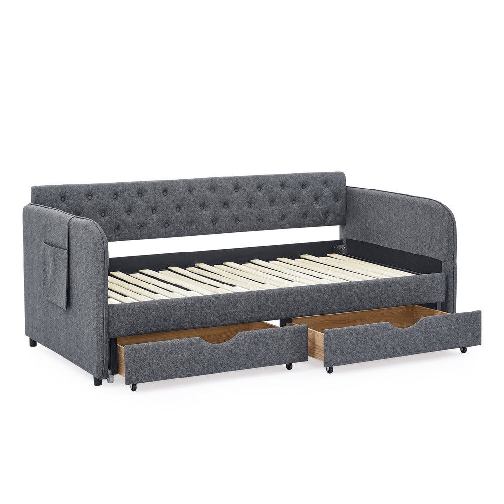 Twin Size Upholstered Daybed with Trundle and Drawers, Dark Gray Linen, Flat Arms, Extendable for Bedroom or Living Room - Grand Goldman Shop