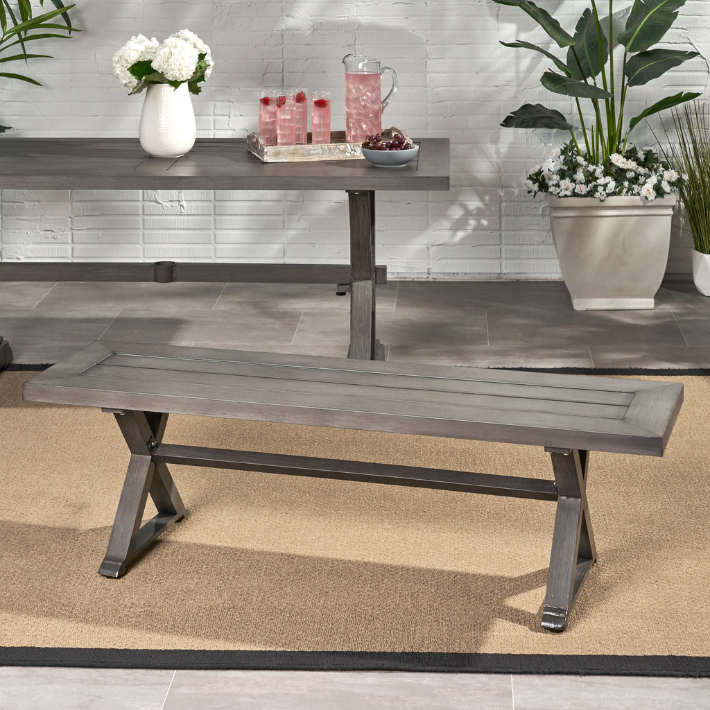 Modern Aluminum Outdoor Dining Bench with X-Base, Dark Gray Finish, 59'W Patio Seating - Grand Goldman Shop