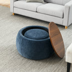 Dark Blue Round Storage Ottoman with 2 in 1 Function as End Table and Ottoman, Eucalyptus Wood and Foam, 25'x25'x14.7' - Grand Goldman Shop