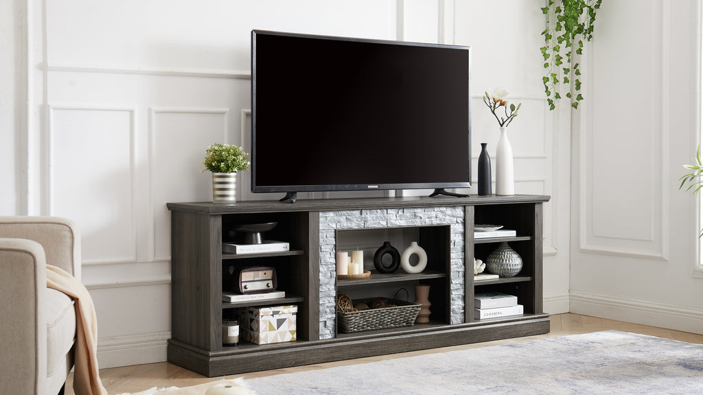 Large TV Stand TV Desk Storage Rack with Faux Stacked Stone Surround,Media Console Table with Large Storage Cabinet,Modern TV Media Entertaionment Stand,GREY, 70.12'W*15.35'D*25.83'H - Grand Goldman Shop