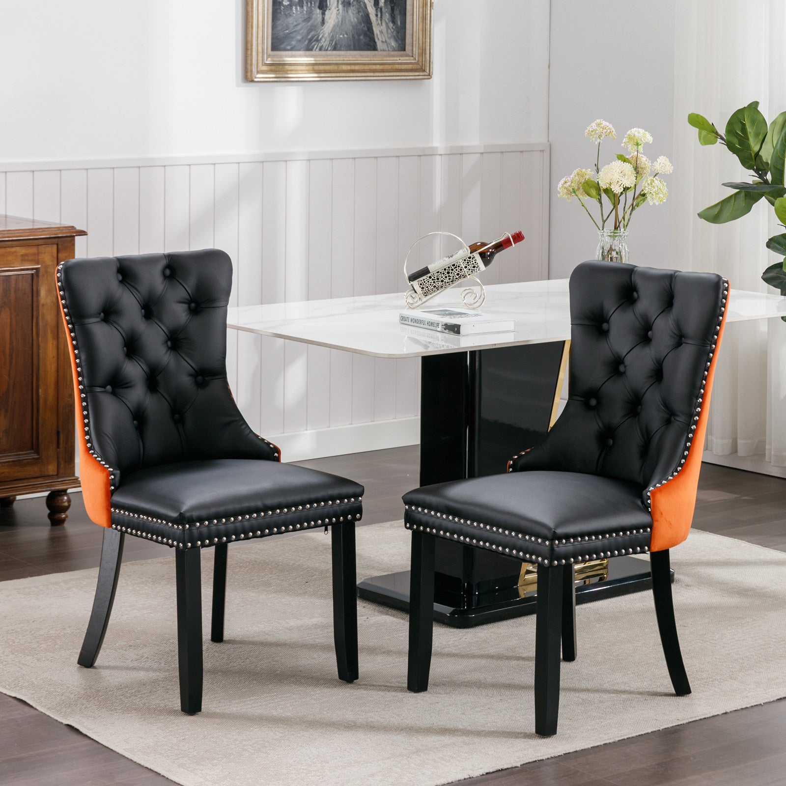 A&A Furniture,Nikki Collection Modern, High-end Tufted Solid Wood Contemporary PU and Velvet Upholstered Dining Chair with Wood Legs Nailhead Trim  2-Pcs Set，Black+Orange, SW2101BO - Grand Goldman Shop