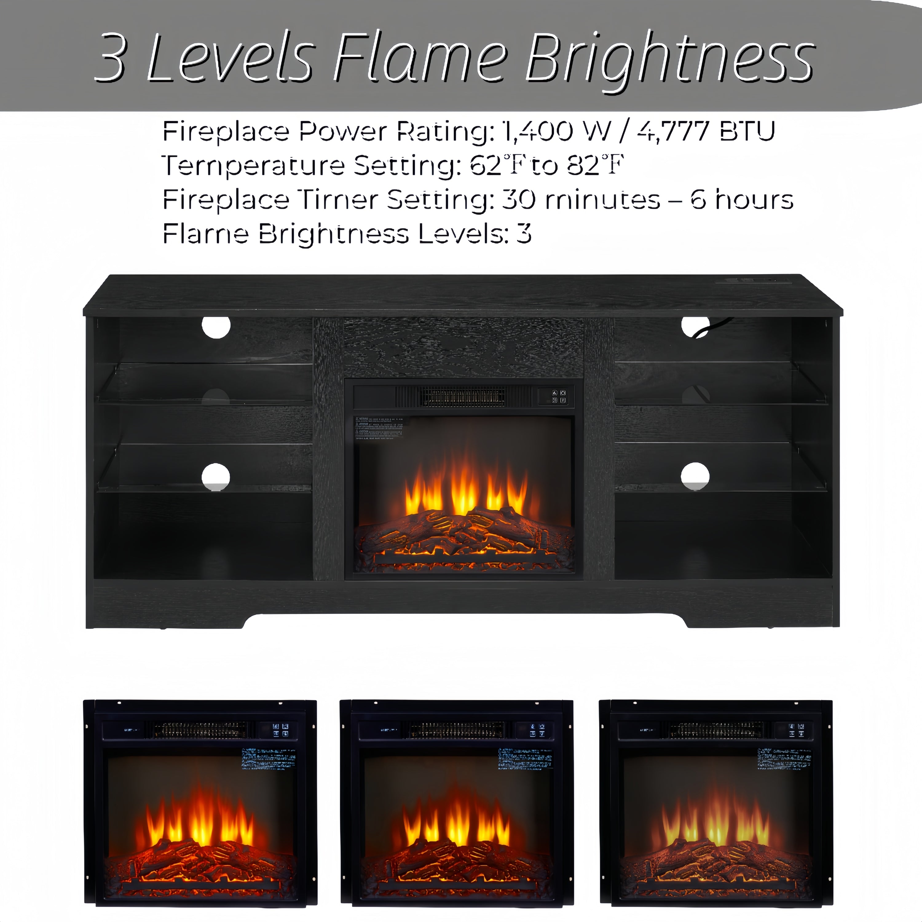 TV Stand Electric Fireplace TV Stand with Glass Shelves, 3D Fireplace TV Stand with LED Lights Wood with USB Charging Outlet Modern Television Table Center for TV up to 32-62' Black 58''W*15.4''D*24.6 - Grand Goldman Shop