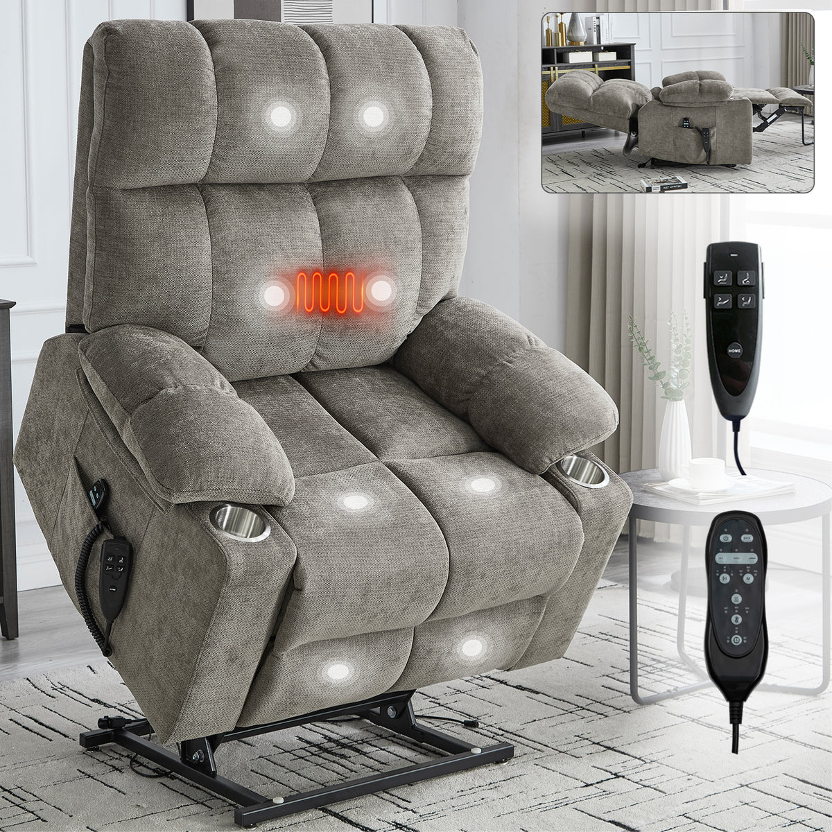 Brown Dual Motor Infinite Position Up to 350 LBS Chenille Power Lift Recliner Chair, Heavy Duty Motion Mechanism with 8-Point Vibration Massage and Lumbar Heating, Dual Cup Holders - Grand Goldman Shop