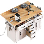K&K 56.5'' Kitchen Island with Drop Leaf, Power Outlet, Embossed Vertical Stripe Rolling Kitchen Cart on Wheels with 4 Doors , 5 Deep Drawers and Adjustable Shelves, for Kitchen, Dining Room, White - Grand Goldman Shop