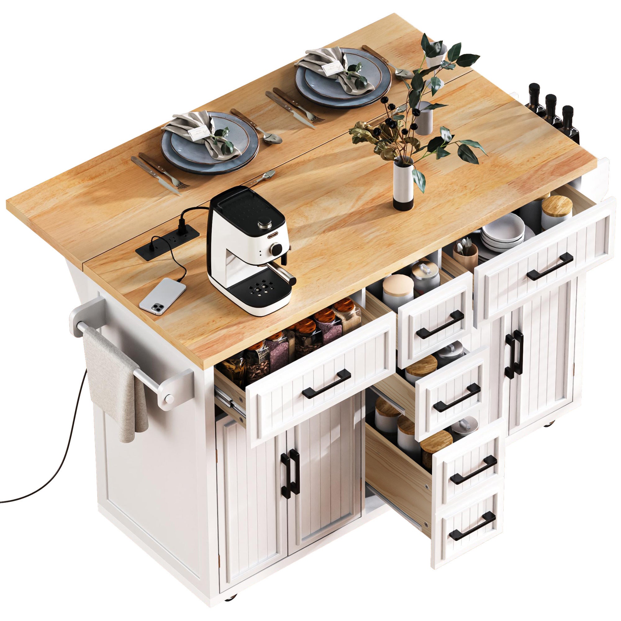K&K 56.5'' Kitchen Island with Drop Leaf, Power Outlet, Embossed Vertical Stripe Rolling Kitchen Cart on Wheels with 4 Doors , 5 Deep Drawers and Adjustable Shelves, for Kitchen, Dining Room, White - Grand Goldman Shop