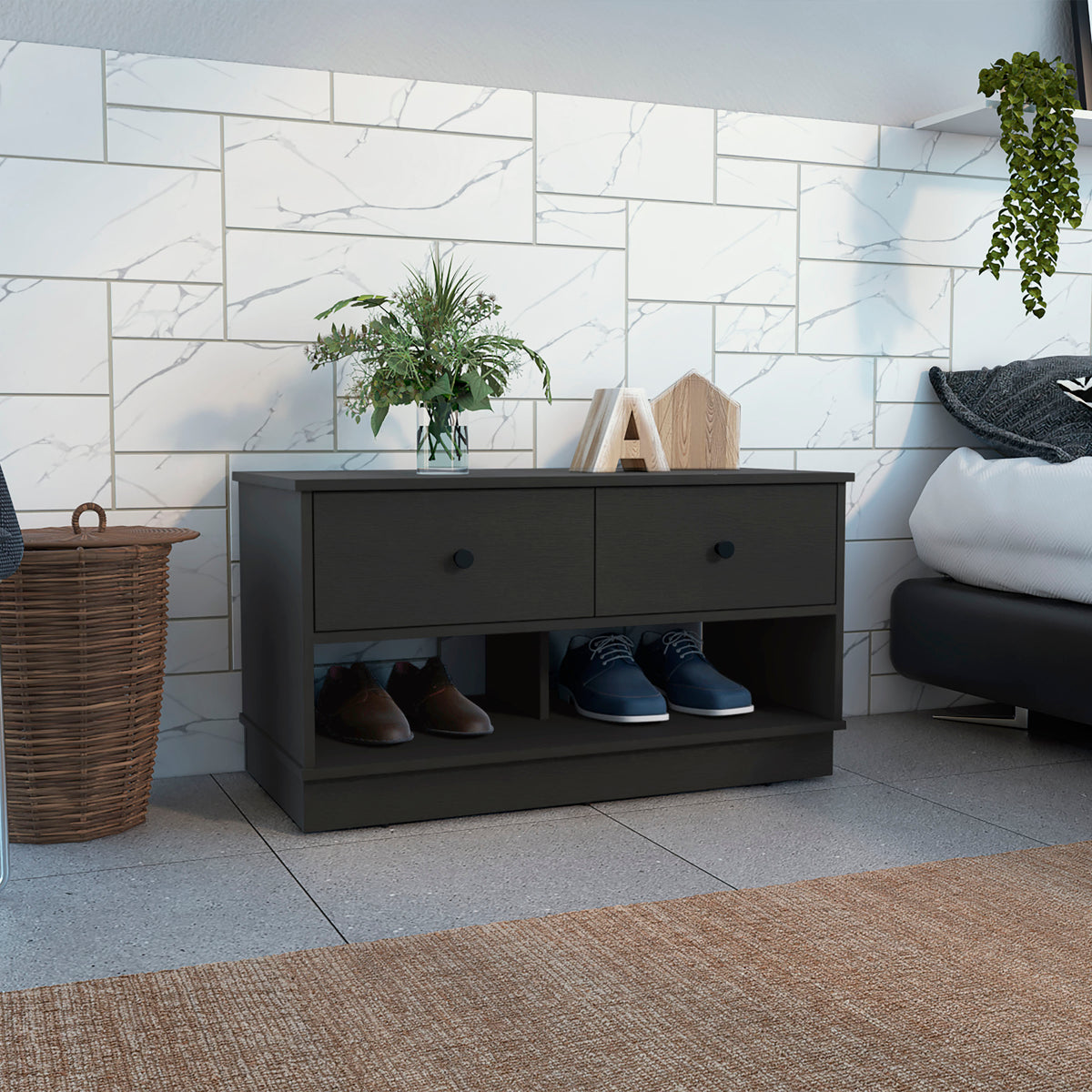 Hamilton Storage Bench, Two Open Shelves, Two Drawers -Black - Grand Goldman Shop