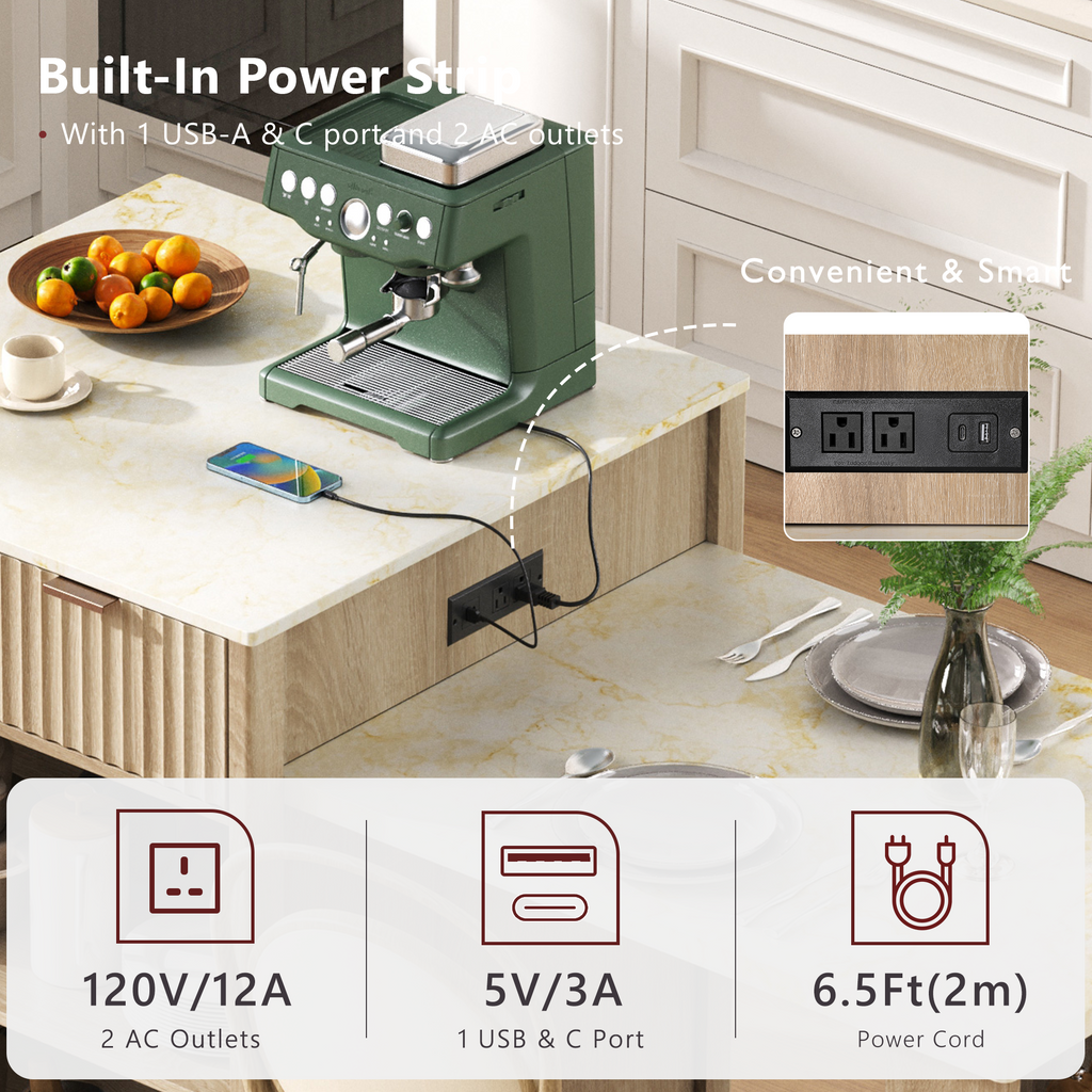 K&K 82.6' Fluted Kitchen Island with Extendable Dining Table for 4-6, Island Table for Kitchen with Power Outlet, Kitchen Table with Double-Side Storage, 2 Drawers 2 Side Open Shelves, Natural - Grand Goldman Shop