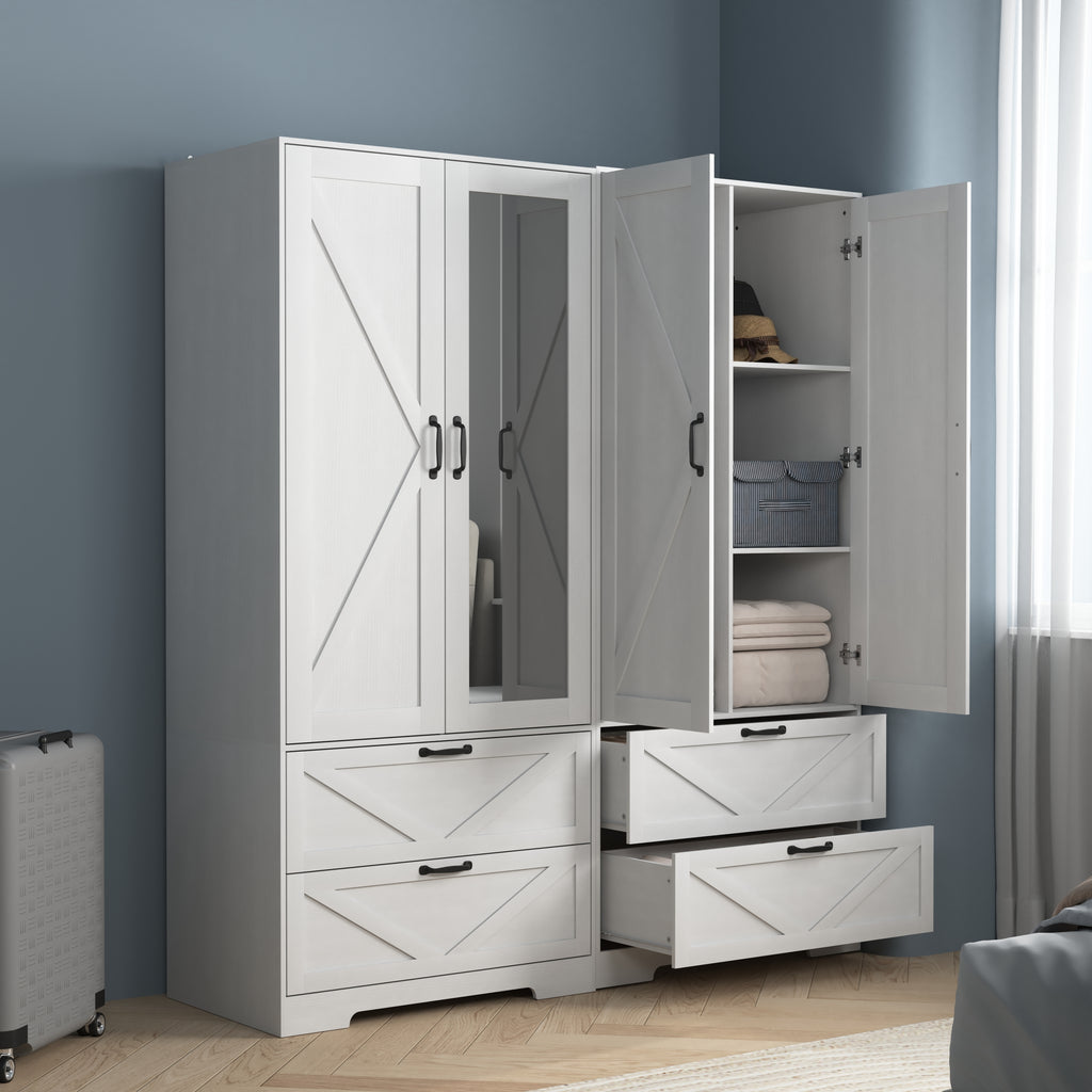 2 Door Wood Wardrobe for Bedroom with Hanging Clothing Rod inside the Cabinet and 2 Drawers for Storage Organization, Built-in induction light Multifunctional Closet with Mirror, White - Grand Goldman Shop