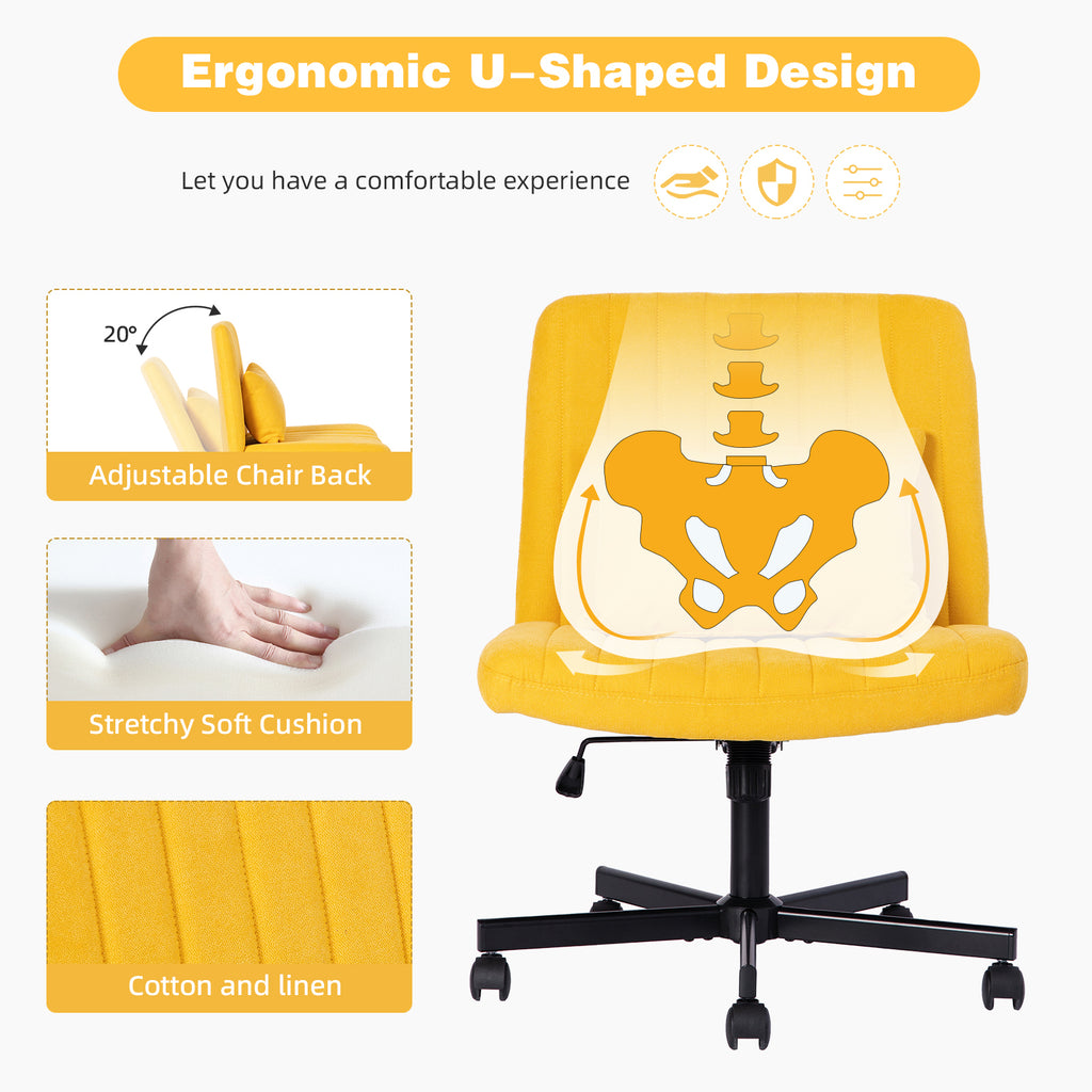 Yellow Linen Criss Cross Armless Office Chair with Wheels - Modern Comfort for Home Office, Meditation & Makeup Spaces | Prem