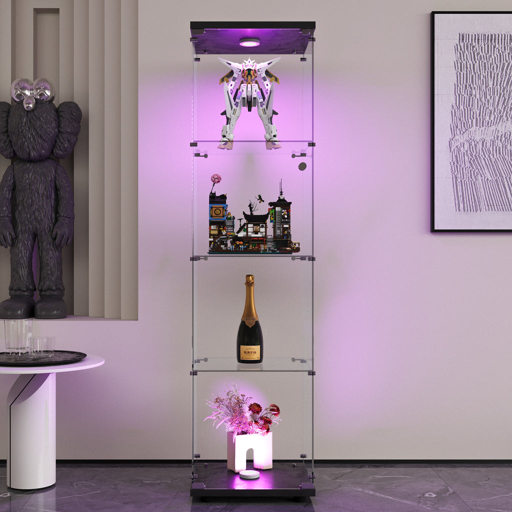LED lights  Glass Display Cabinet 4 Shelves with Door, Floor Standing Curio Bookshelf for Living Room Bedroom Office, 64.7'*1