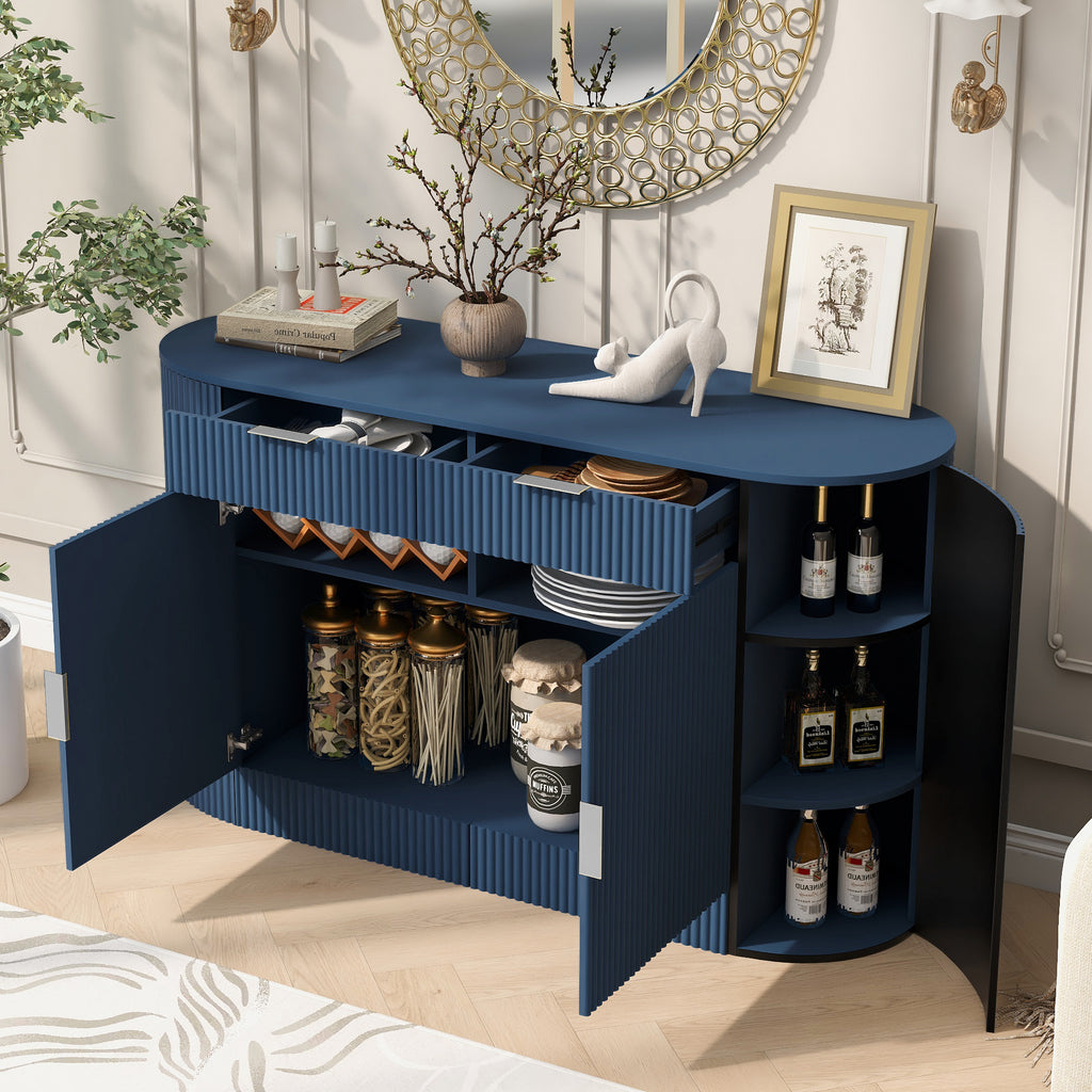 U_STYLE 55.1' Modern Storage Cabinet – 2 Doors & 2 Drawers, Stripe MDF Sideboard with Aluminum Handles, Curved Side Door & 3-Tier Shelves, Buffet Cabinet for Living Room, Bedroom, Dining Room - Grand Goldman Shop