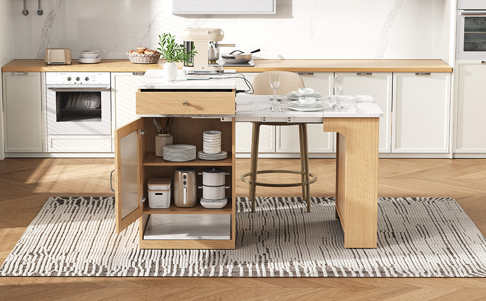 K&K 59.5'Kitchen Island with Extendable Dining Table, Kitchen Storage Table with Double-sided Storage, Kitchen Island with 2 Drawers, Power Outlet, Side Open Shelves, for Kitchen, Dining Room, Natural - Grand Goldman Shop