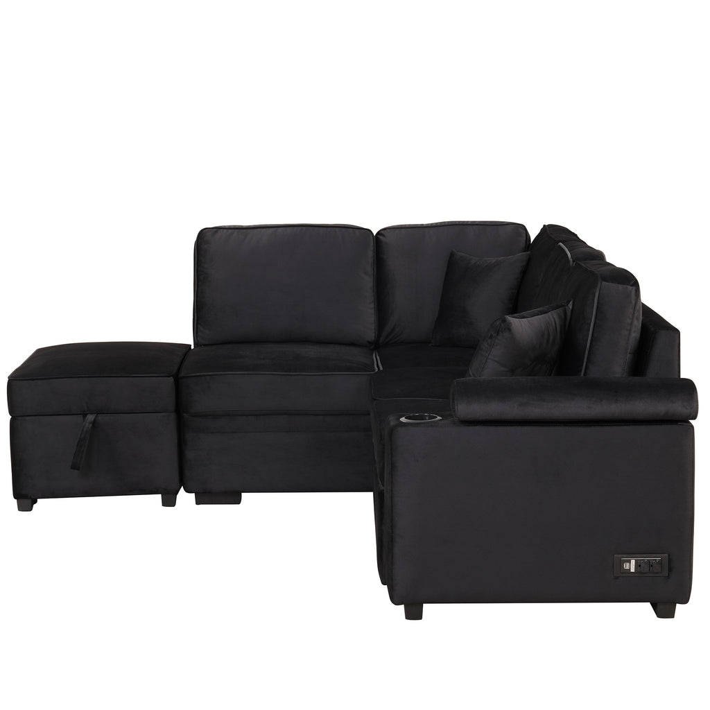 Modern Velvet Sleeper Sofa Bed with Storage Ottoman, Black, 84.75' L Shape - Grand Goldman Shop