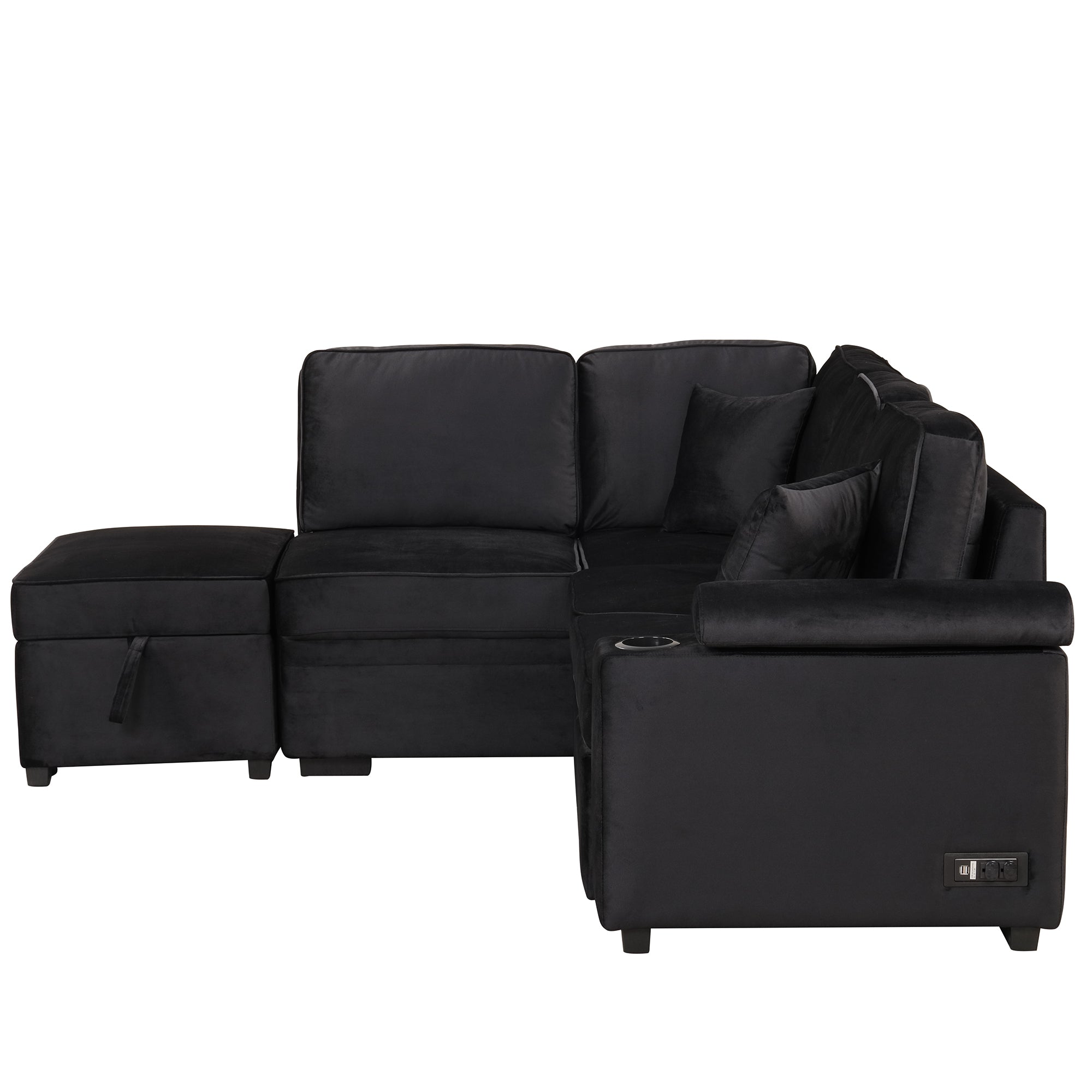 Modern Velvet Sleeper Sofa Bed with Storage Ottoman, Black, 84.75' L Shape - Grand Goldman Shop
