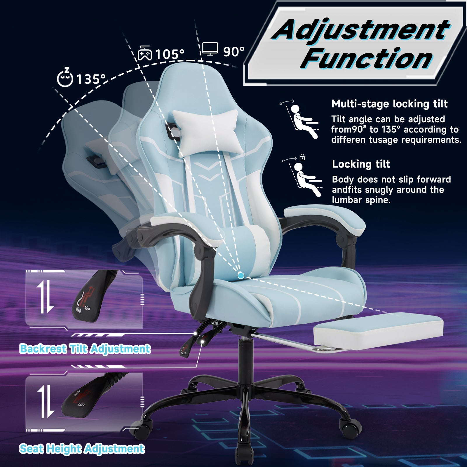Gaming chair, Computer Chair Ergonomic Chair with Footrest Office Chair Ergonomic Computer Chair with Lumbar Backrest Bluewhi