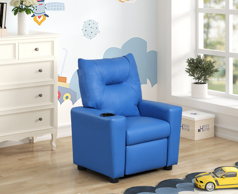 Evelyne 23'W Blue PU Leather Kids Recliner Chair with Cupholder - Grand Goldman
