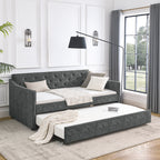 Mid-Century Grey Upholstered Twin Daybed with Trundle, Waved Arms, Eucalyptus Wood Frame, 80.5''x44.5''x33.5'' - Grand Goldman Shop