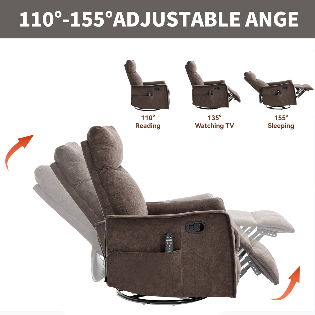 Heat Massage Manual Recliner Chair with Rocker and Swivel in Fabric for Living Room, Brown - Grand Goldman Shop