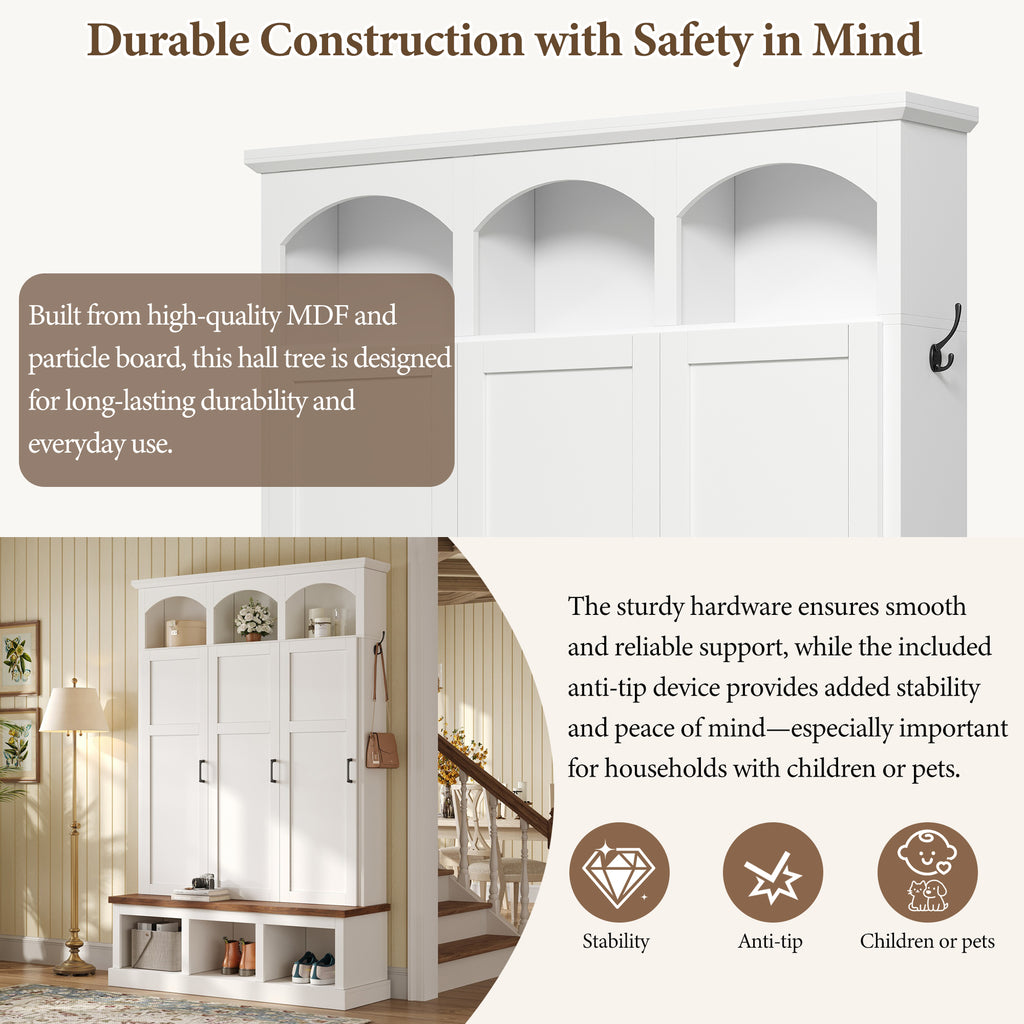 Classic Arched Design Hall Tree with 3 Hidden Storage, Farmhouse Mudroom with Walnut Bench, Mid-Century All-in-One Entryway Organizer with 5 Hooks for Hallway, White - Grand Goldman Shop