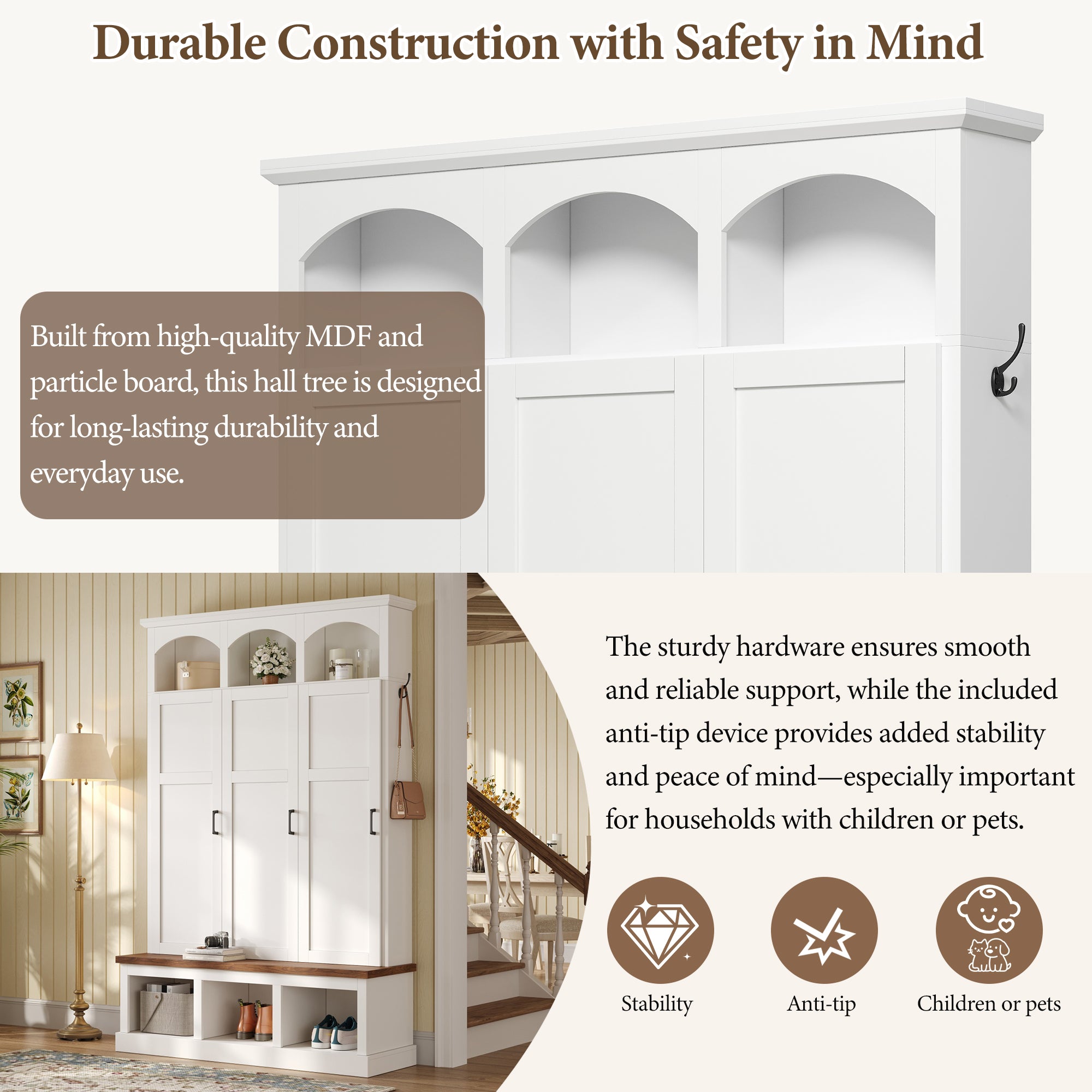 Classic Arched Design Hall Tree with 3 Hidden Storage, Farmhouse Mudroom with Walnut Bench, Mid-Century All-in-One Entryway Organizer with 5 Hooks for Hallway, White - Grand Goldman Shop