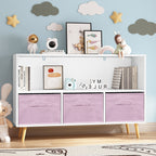 Modern Kids Bookcase with Collapsible Fabric Drawers, Children's Book Display & Toy Storage, White/Pink MDF & Pine Legs - Gra