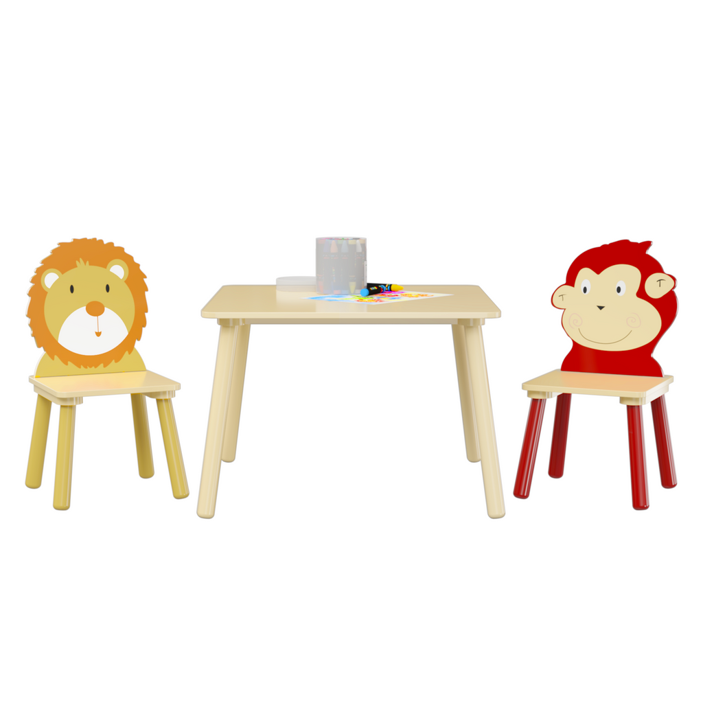 Lion & Monkey Wooden Activity Play Table Set for Kids, 3-Piece Toddler Table and Chair Set in Yellow & Red, Solid Wood & MDF,