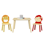 Lion & Monkey Wooden Activity Play Table Set for Kids, 3-Piece Toddler Table and Chair Set in Yellow & Red, Solid Wood & MDF,