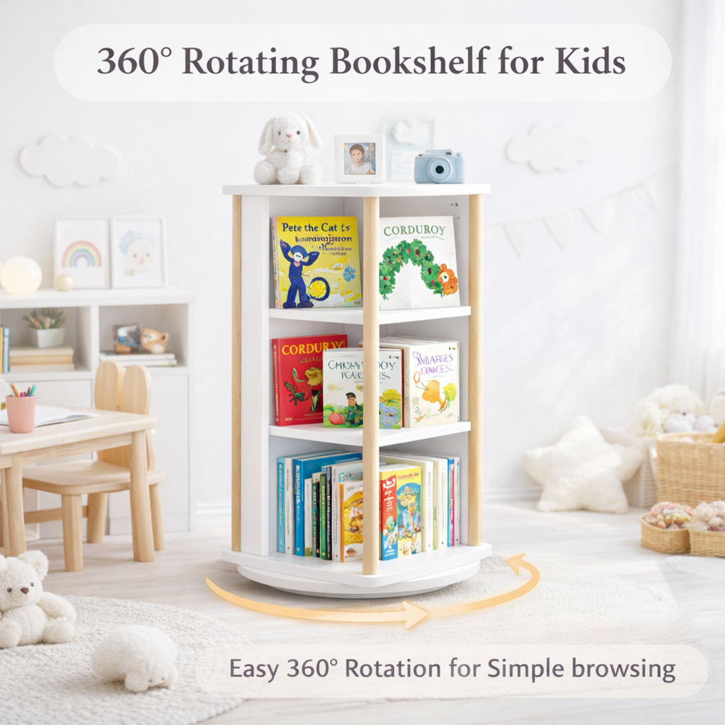 Stylish 360° Rotating Kids Bookshelf with Chalkboard, 3-Tier Wood Floor Revolving Bookcase & Toy Storage Organizer, Picture B