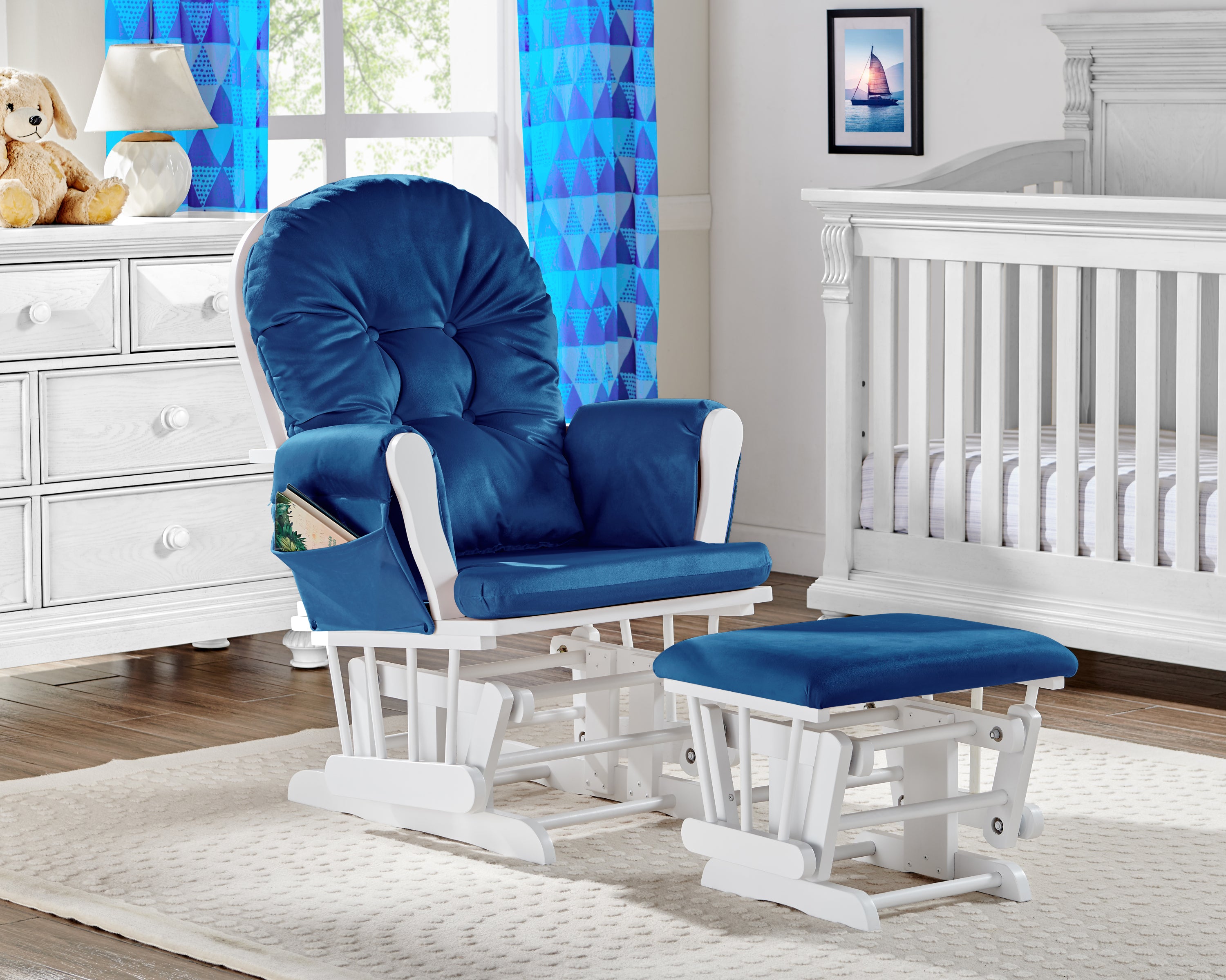 Mason Glider and Ottoman White Wood and Navy Fabric - Grand Goldman Shop