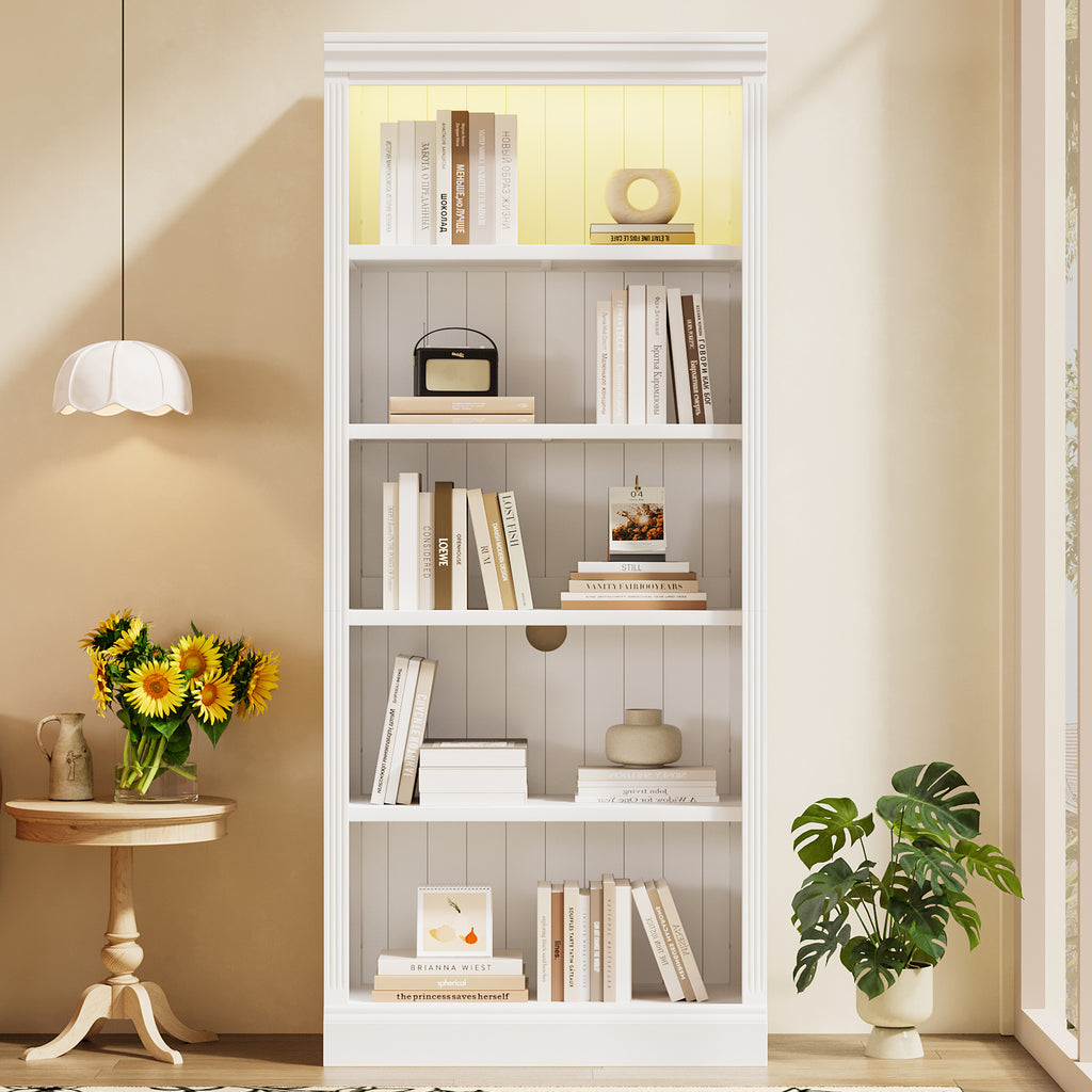 83.4' Tall Wood Bookcase with light strip,5-Tier Decor Bookshelves with Adjustable Shelves,Storage Organizer for CDs/Books,Free Standing Storage Shelves for Living Room,Home Office,White - Grand Goldman Shop