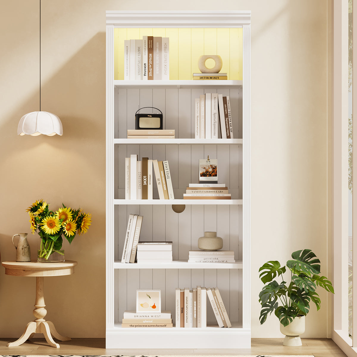 83.4' Tall Wood Bookcase with light strip,5-Tier Decor Bookshelves with Adjustable Shelves,Storage Organizer for CDs/Books,Free Standing Storage Shelves for Living Room,Home Office,White - Grand Goldman Shop